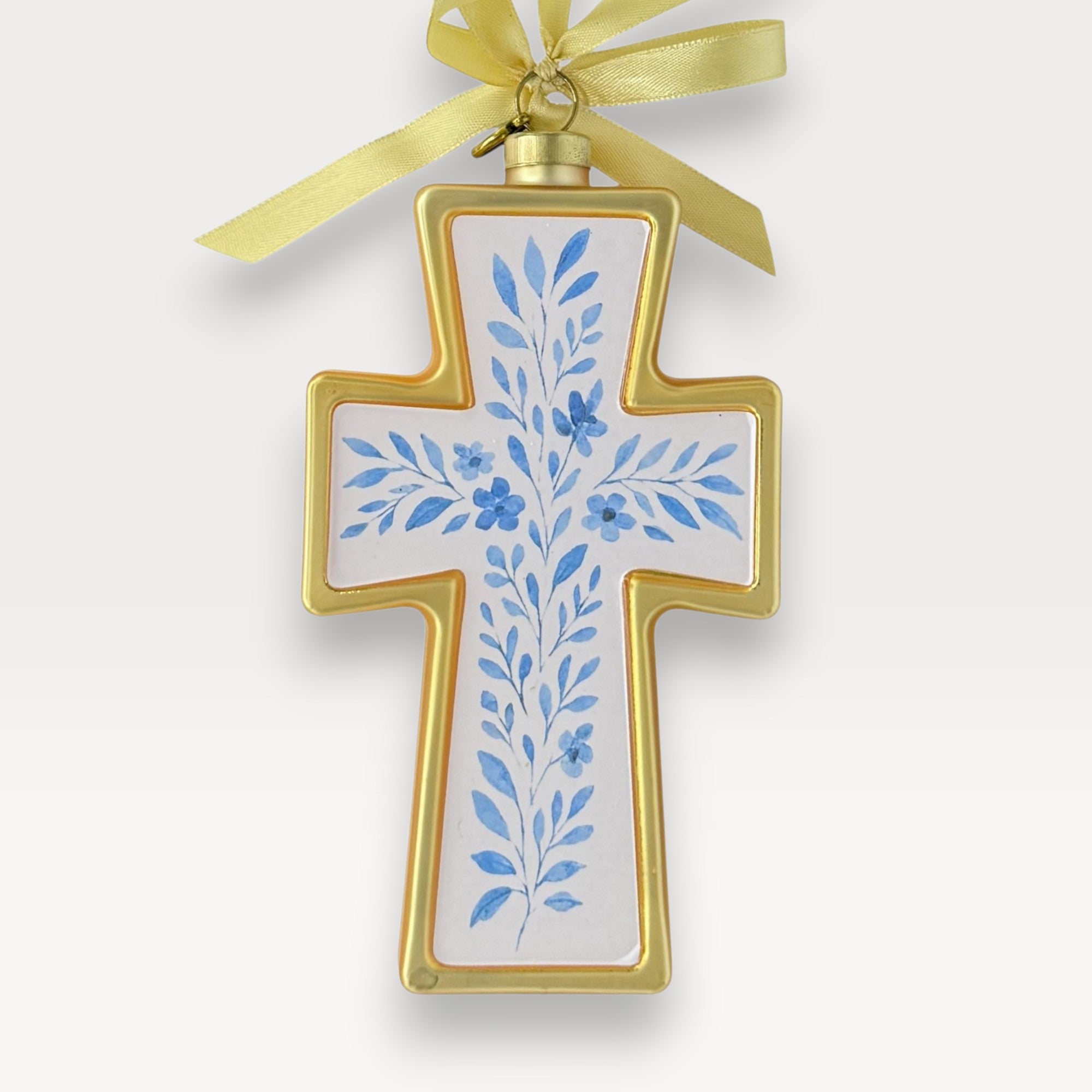 Floral cross blown glass Christmas ornament