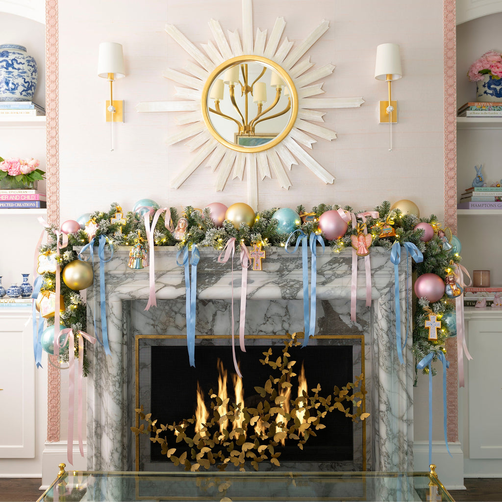Faithful Christmas Christian ornament collection on decorated mantel