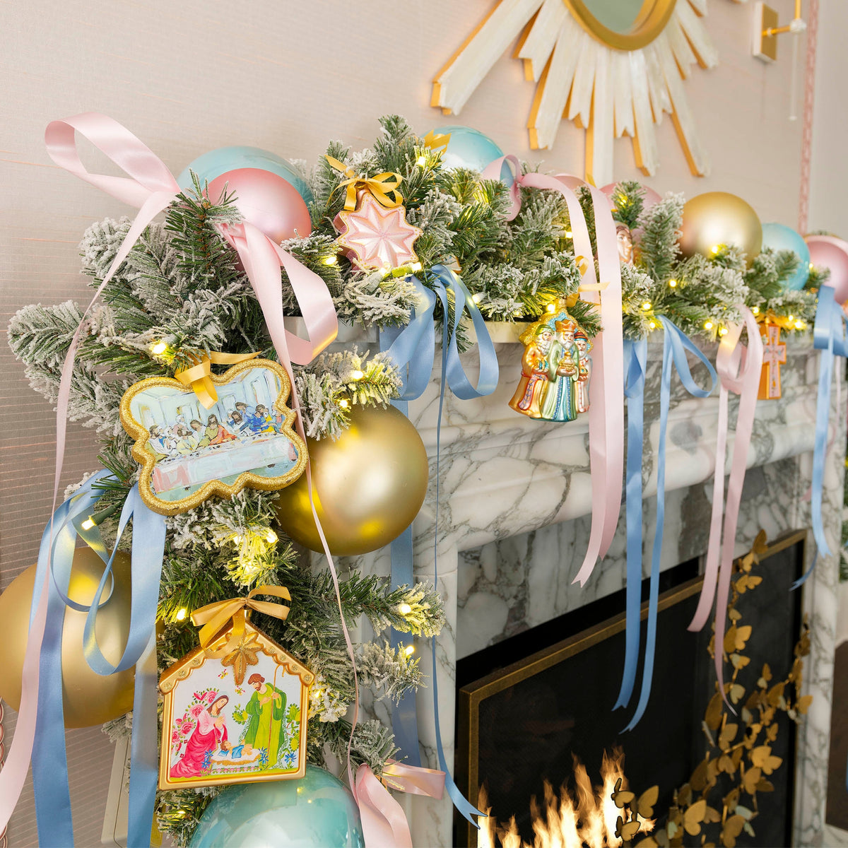 Faithful Christmas Christian ornaments on mantel
